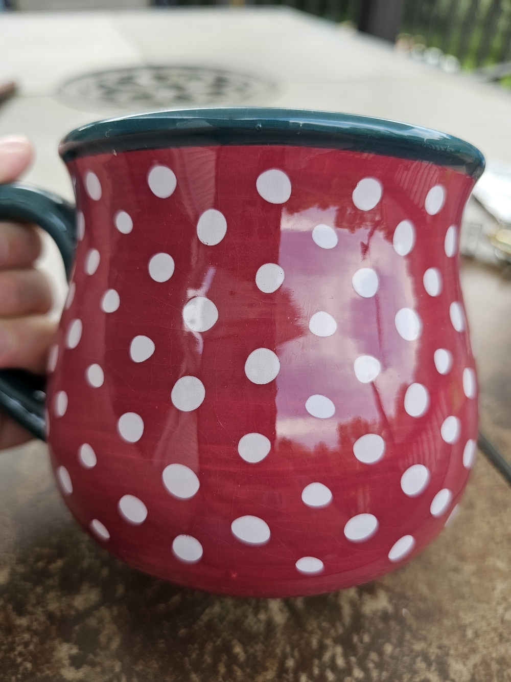 PIONEER Red Polka Dot Ceramic Mug with Dark Green Rim